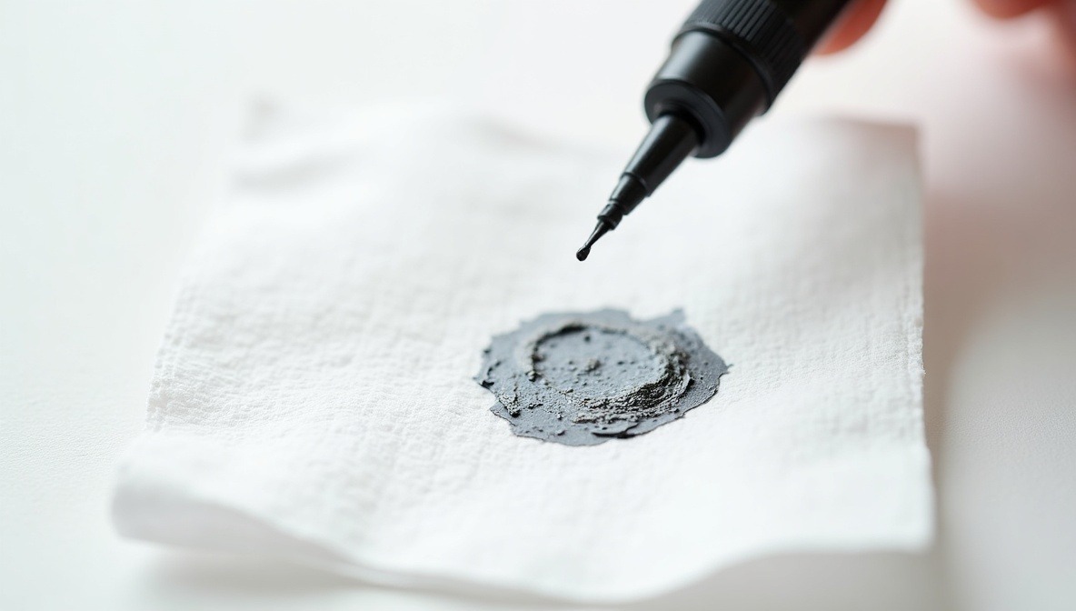 Finelinefleck auf Stoff mit Isopropylalkohol abtupfen – Wattestäbchen auf Tintenfleck