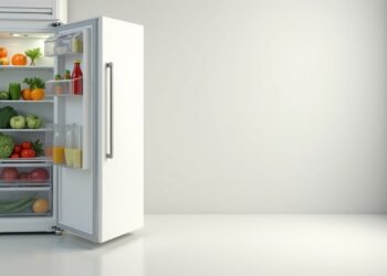 Flecken im Kühlschrank entfernen – sauberer weißer Kühlschrank mit frischen Lebensmitteln