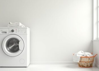 Flecken mit der Waschmaschine entfernen – moderner Waschraum mit weißer Waschmaschine