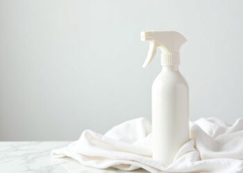 Fleckenspray – Sprühflasche mit Fleckenentferner auf weißem Stoff