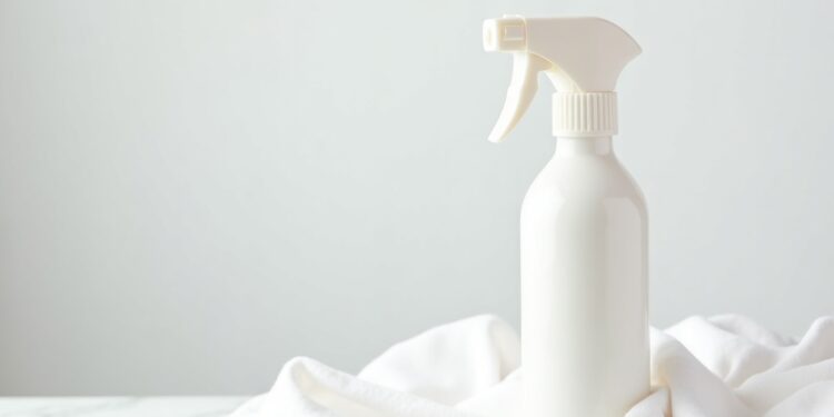 Fleckenspray – Sprühflasche mit Fleckenentferner auf weißem Stoff