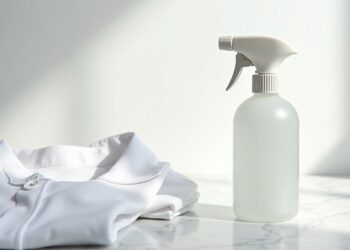 Fleckenwasser – Sprühflasche mit Fleckenentferner neben weißem Hemd
