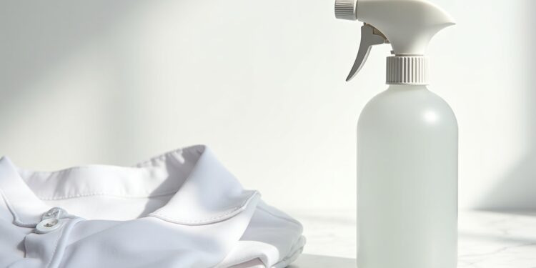 Fleckenwasser – Sprühflasche mit Fleckenentferner neben weißem Hemd