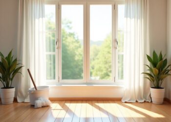 Frühjahrsputz – helles Wohnzimmer mit offenen Fenstern und Reinigungszubehör