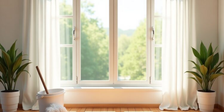 Frühjahrsputz – helles Wohnzimmer mit offenen Fenstern und Reinigungszubehör