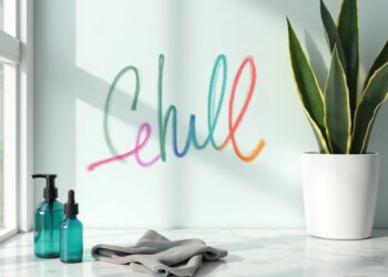 Kreidemarker entfernen – bunte Chalk-Marker-Schrift auf Glasoberfläche mit Reinigungsmittel