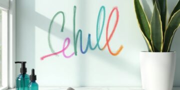 Kreidemarker entfernen – bunte Chalk-Marker-Schrift auf Glasoberfläche mit Reinigungsmittel