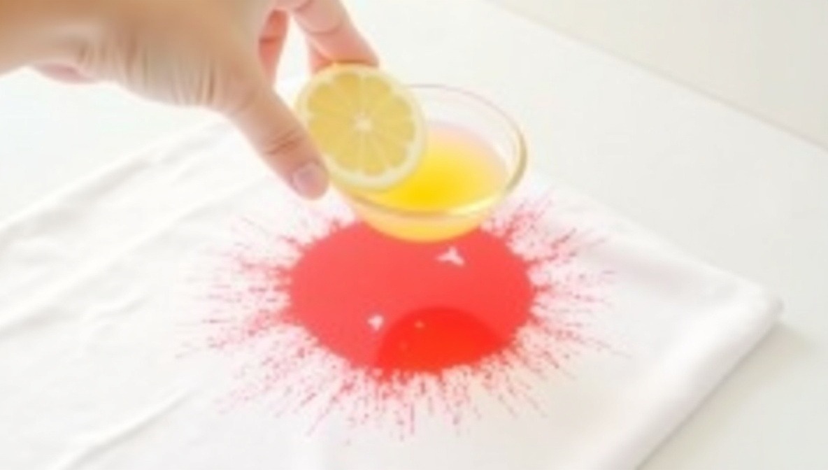 Lebensmittelfarbfleck mit Zitronensaft behandeln – Hausmittel auf weißem Stoff